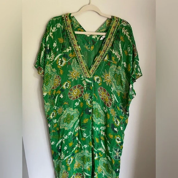 ZARA Printed Shimmery Midi Kaftan Dress in Kelly Green Women’s Size Medium NWT - Picture 3 of 13